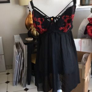 Sheer Black Babydoll Chemise with Red Lace Accents